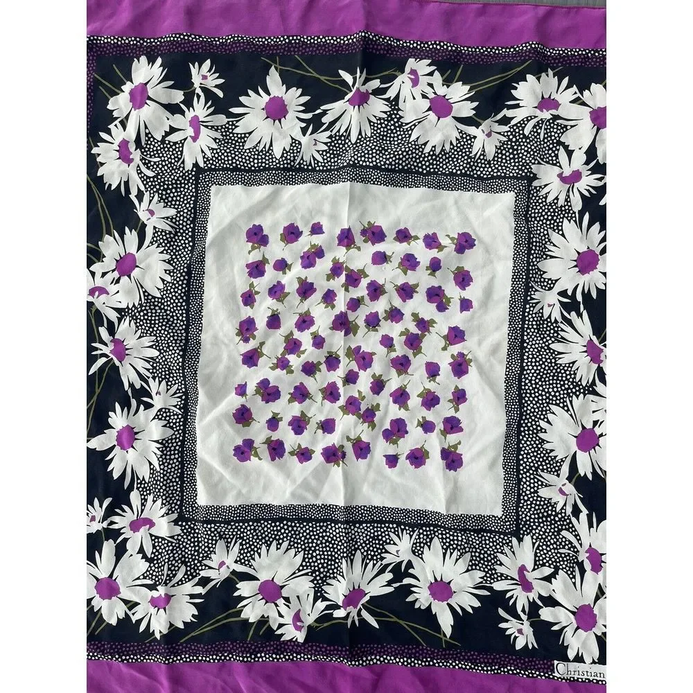 Christian‎ Dior 1970s Vintage 100% Silk Scarf Purple Flowers